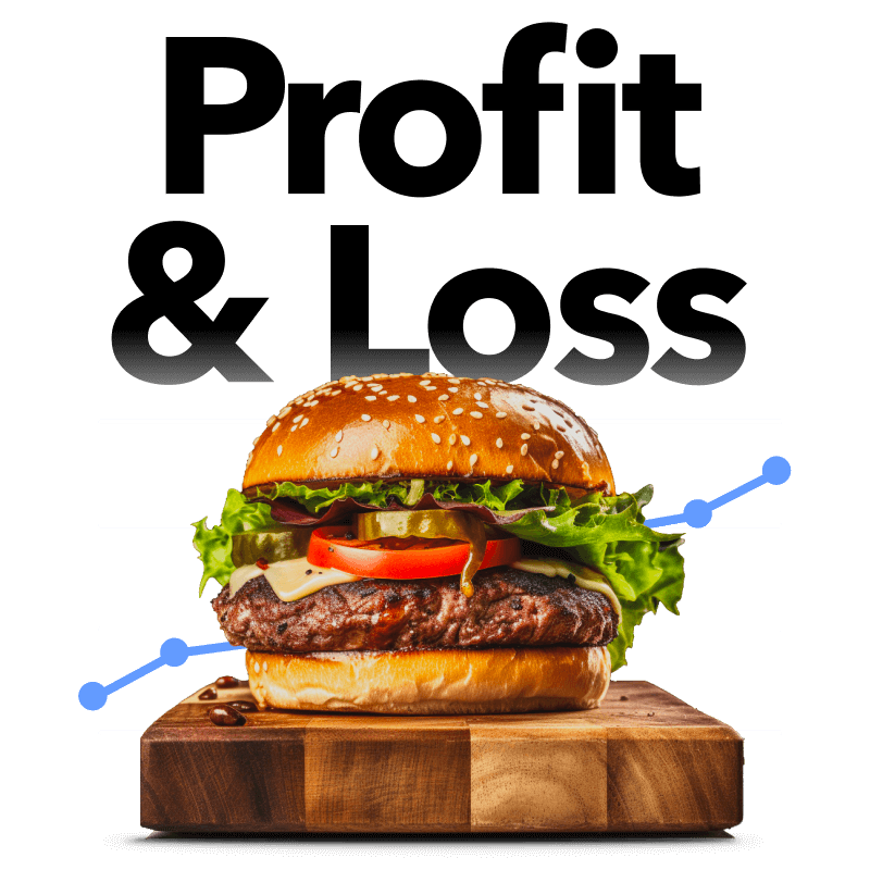 Cheeseburger with lettuce, tomato, pickles, and beef patty on a sesame seed bun, placed on a wooden cutting board with a chart line overlay and the text 'Profit & Loss' above.