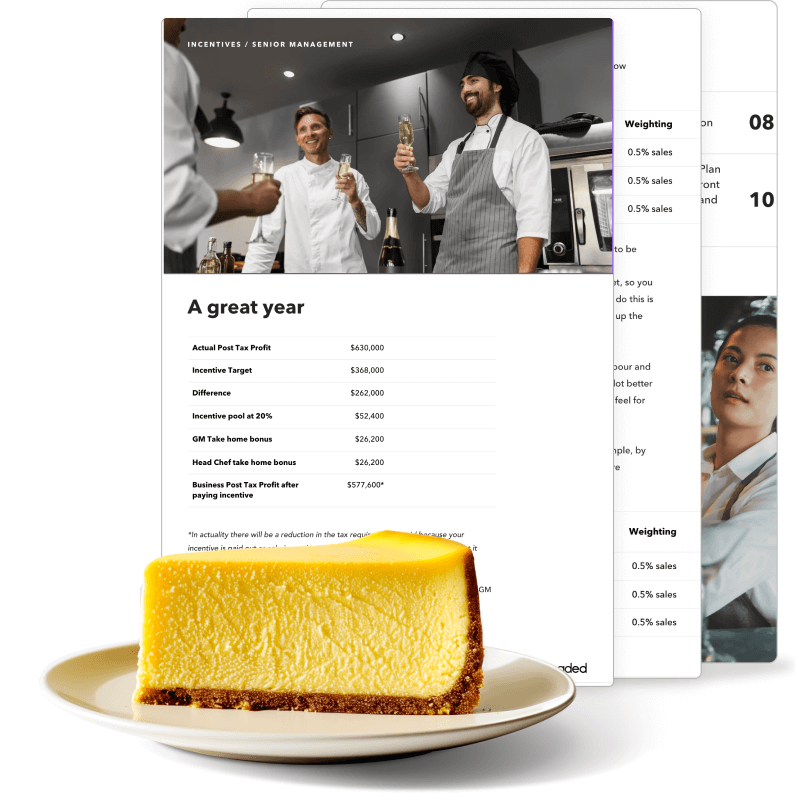 Slice of cheesecake on a white plate in front of a document showing incentive earnings with chefs toasting in the background.