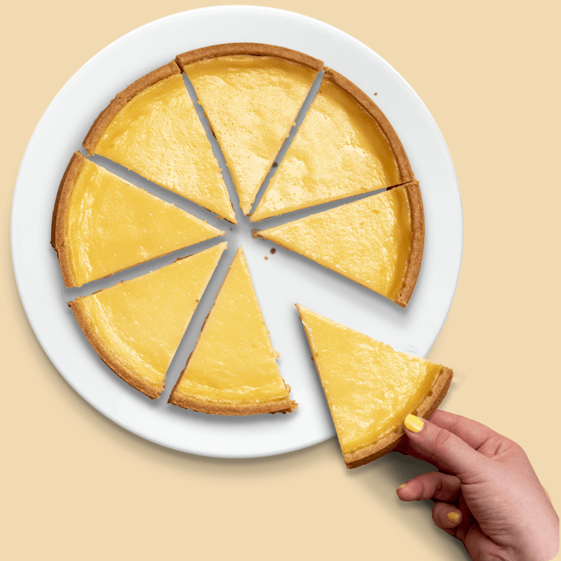 Hand with yellow painted nails holding a slice of yellow tart pie on a white plate with seven remaining slices.