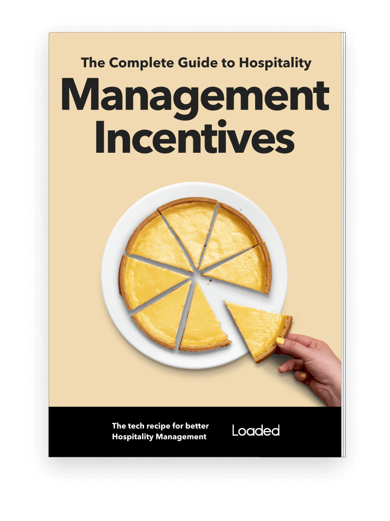Cover of a guide titled 'The Complete Guide to Hospitality Management Incentives' featuring a lemon tart sliced on a white plate with a hand holding one slice.