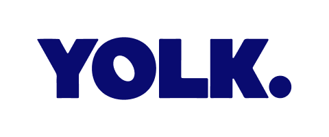 The word 'YOLK.' in bold dark blue capital letters on a transparent background.