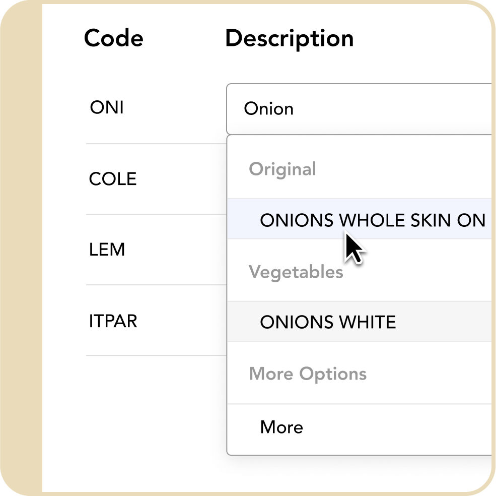 Dropdown menu for description with options including 'Original', 'ONIONS WHOLE SKIN ON' highlighted, 'Vegetables', 'ONIONS WHITE', and 'More Options'.