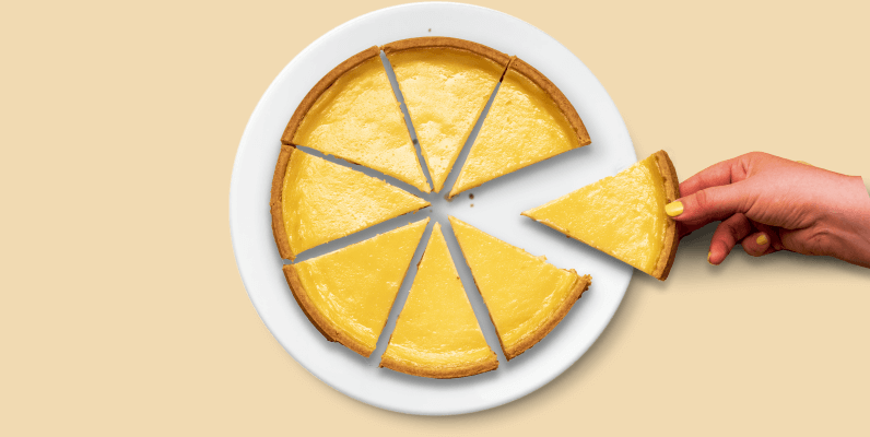 Hand with yellow-painted nails holding a slice of lemon pie from a white plate with six remaining pie slices.