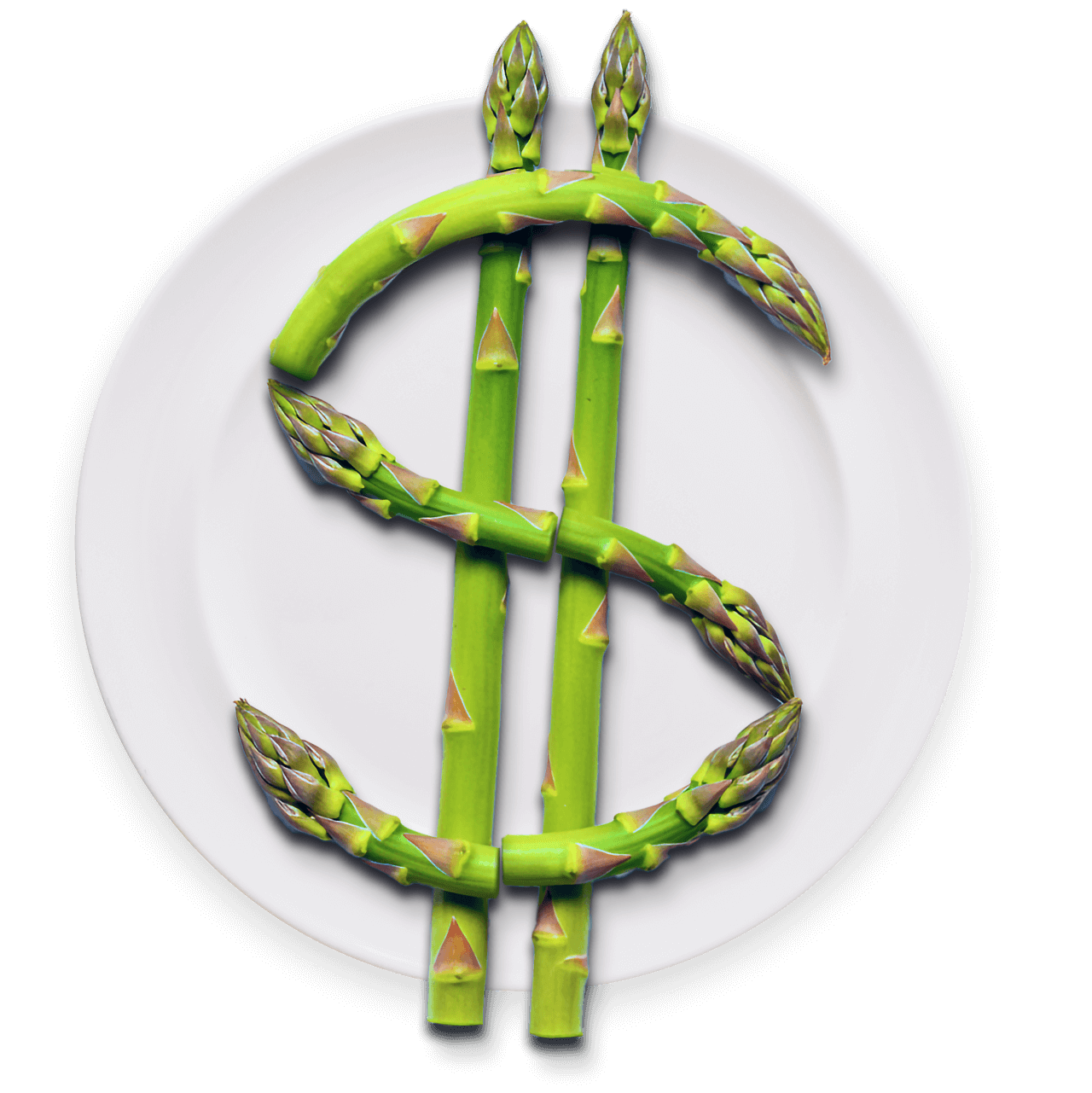 White plate with asparagus stalks arranged to form a dollar sign.
