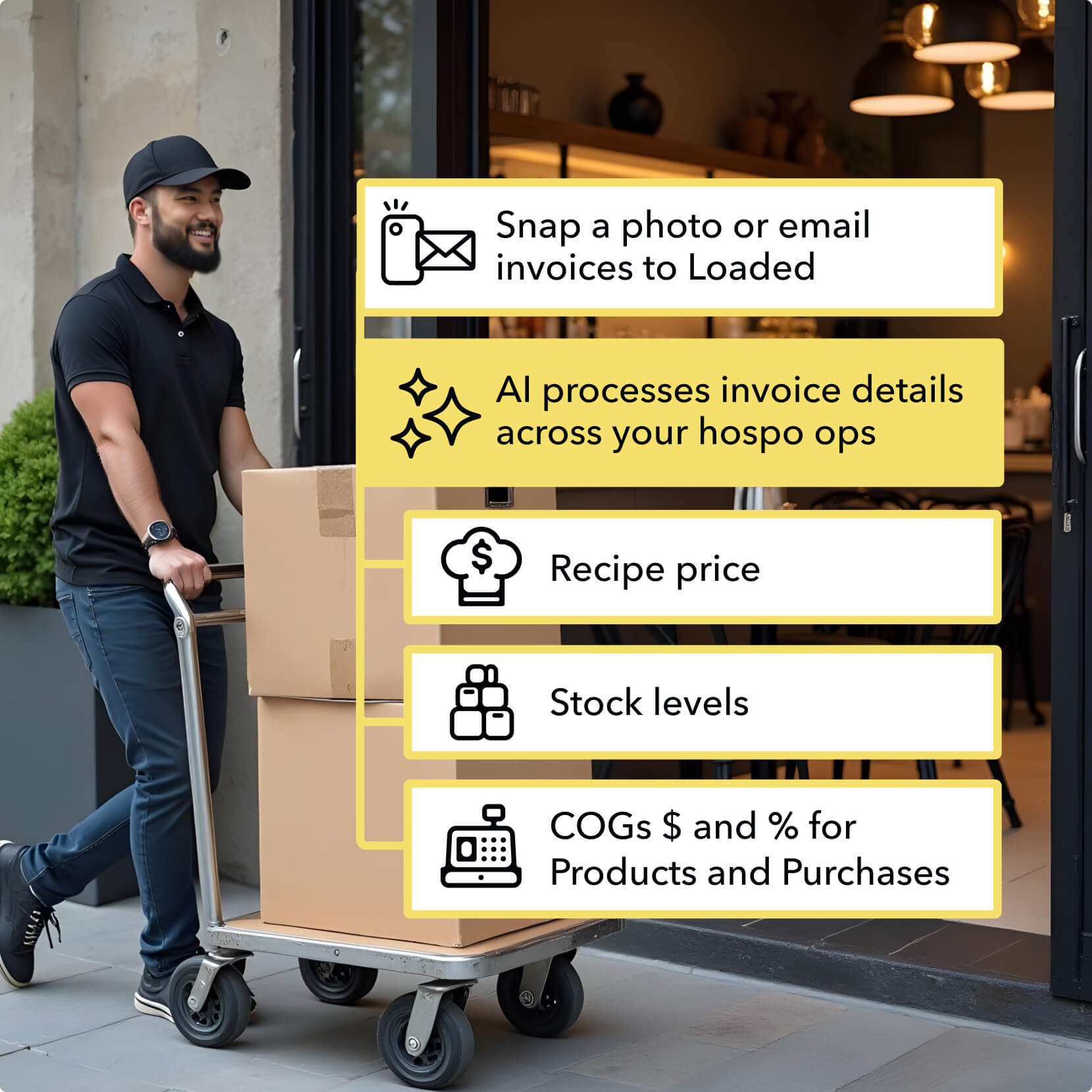 Delivery man pushing cart with boxes near open door, with overlay text describing AI-powered invoicing that processes invoice details like recipe price, stock levels, and COGs for products and purchases.