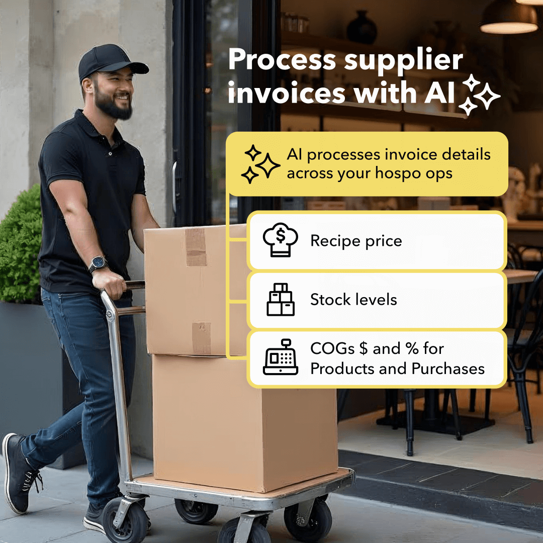 Man wearing a black cap and shirt smiling while pushing a hand truck loaded with two cardboard boxes outside a building, with an overlay text about processing supplier invoices with AI and its benefits for recipe price, stock levels, and COGs.
