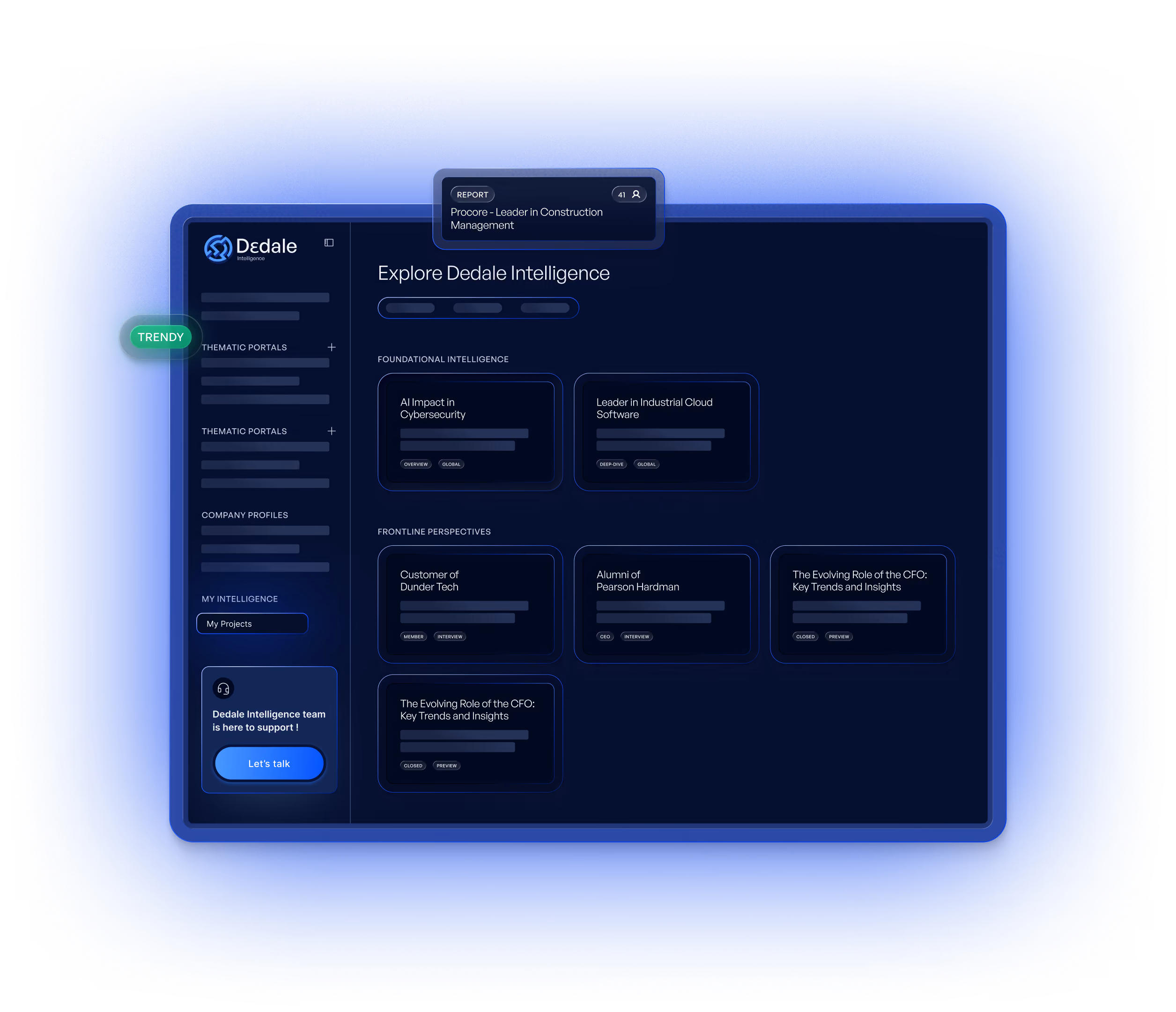 Dashboard of Dedale Intelligence platform showing sections for foundational intelligence and frontline perspectives.