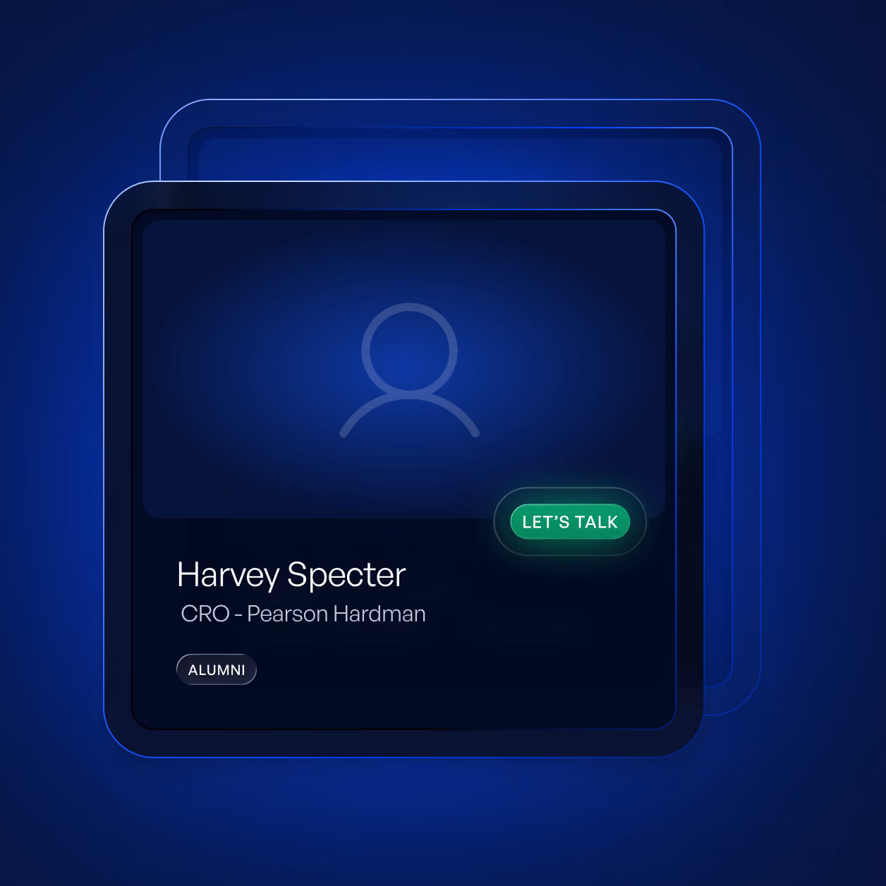 Profile card for Harvey Specter, CRO at Pearson Hardman, with a let’s talk button and alumni tag.