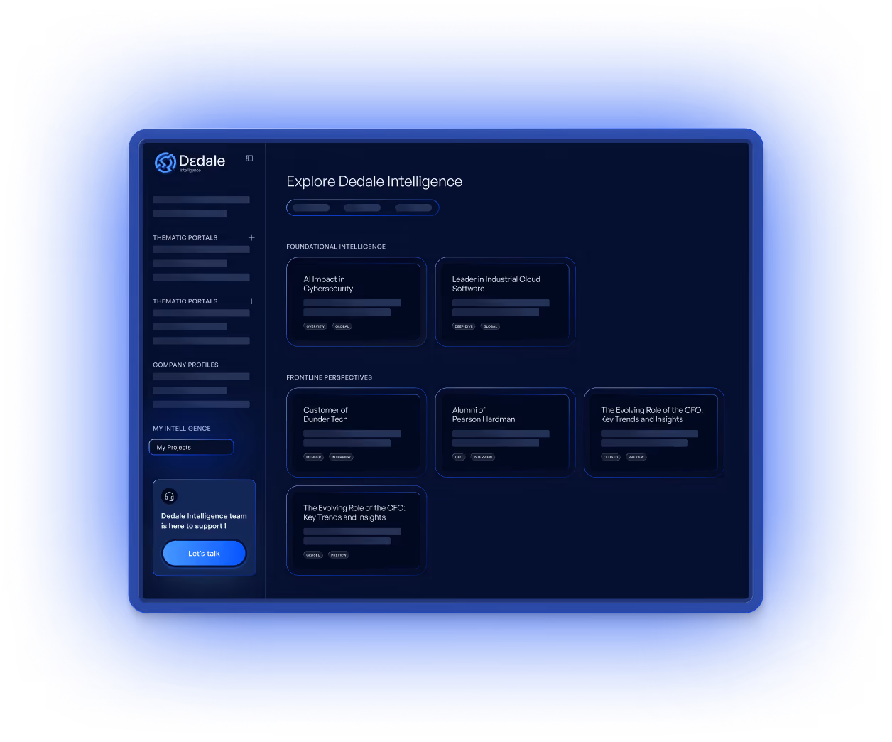 Dashboard screen showing Dedale Intelligence's thematic portals, company profiles, and project overview.