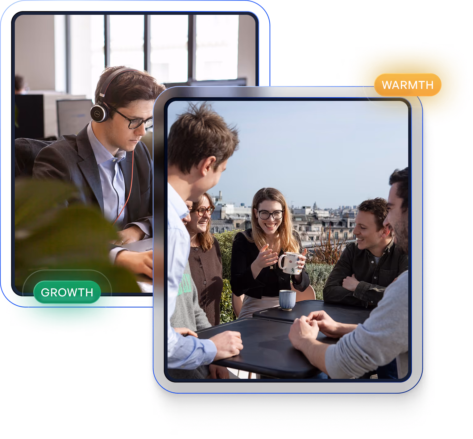 Two images: one of a man focused with headphones in office, another of people laughing outdoors at a table.