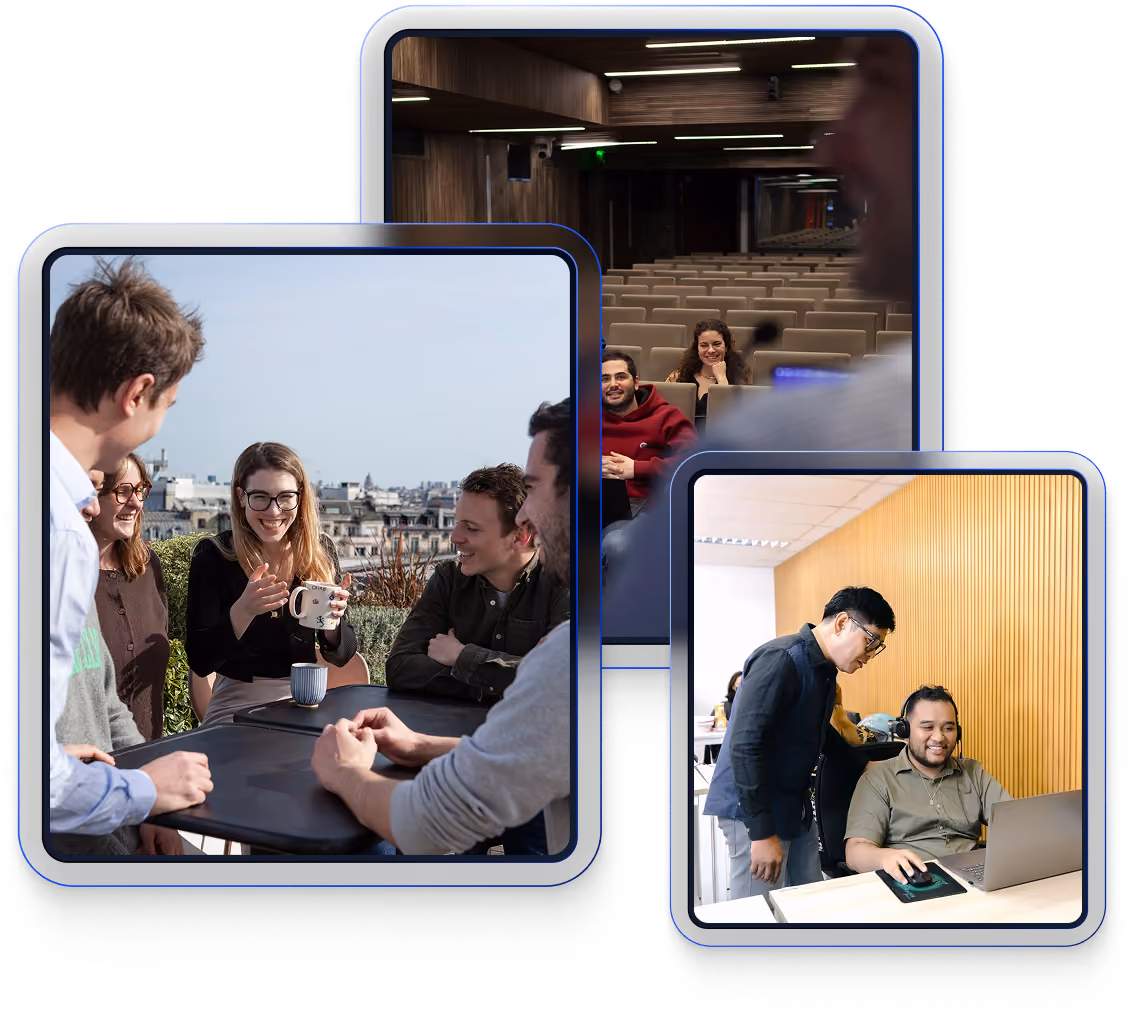 Collage of people socializing outdoors, attending a lecture, and collaborating at a desk with a laptop.