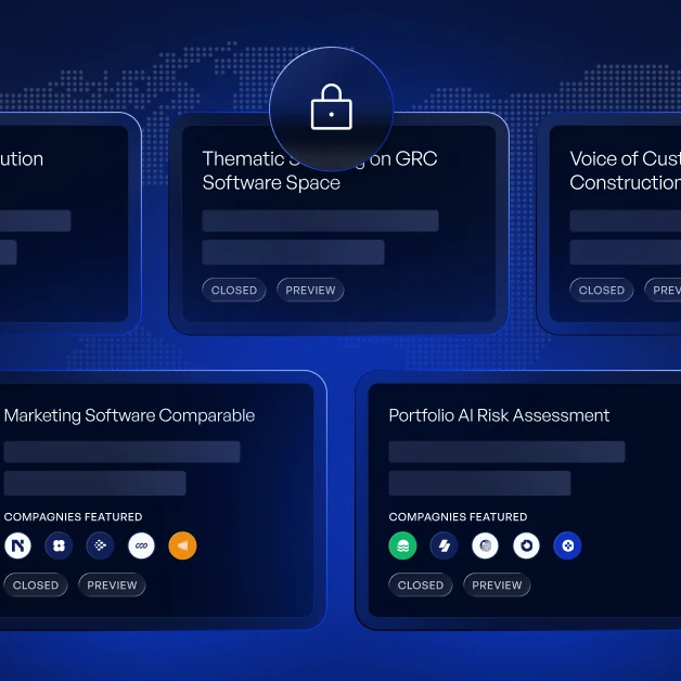 Dark-themed dashboard showing cards for software spaces and risk assessment with company icons and lock icon overlay.