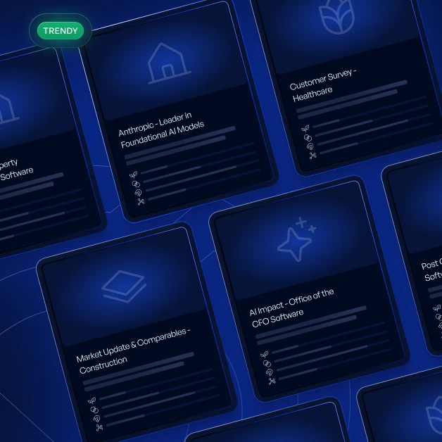 Dark blue-themed cards showing AI and software topics like healthcare, construction, and CFO software impact.