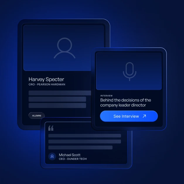 Dark blue interface cards with profiles of Harvey Specter and Michael Scott and an interview button.