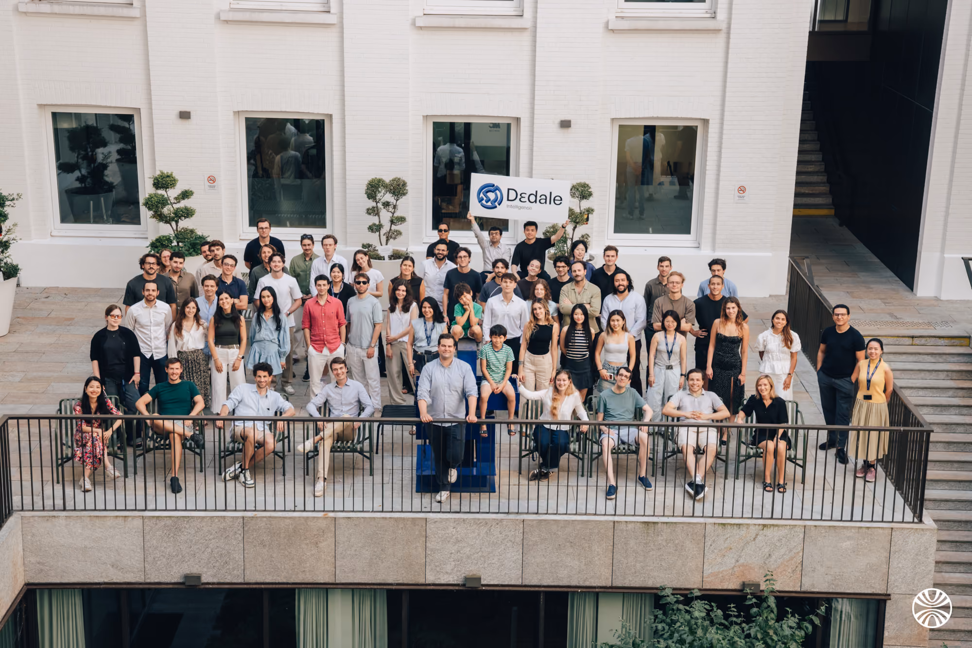 Group photo of diverse team members posing on an outdoor balcony with a Dedale sign held up behind.