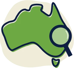 Green map of Australia with a magnifying glass over the east coast.