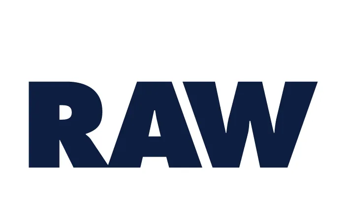 White text 'LEADING' above large bold navy text 'RAW' on a transparent background.