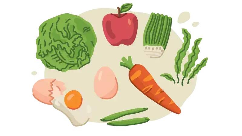 Illustrations of a cabbage, carrot, apple, green beans, and pea pods on beige background.