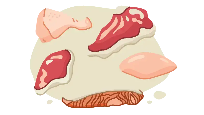 Illustration of various raw meats including a heart, drumstick, steak, and two other cuts.