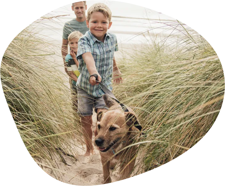 Boy in plaid shirt walking a dog on a sandy path with tall grass, followed by another boy and a man.