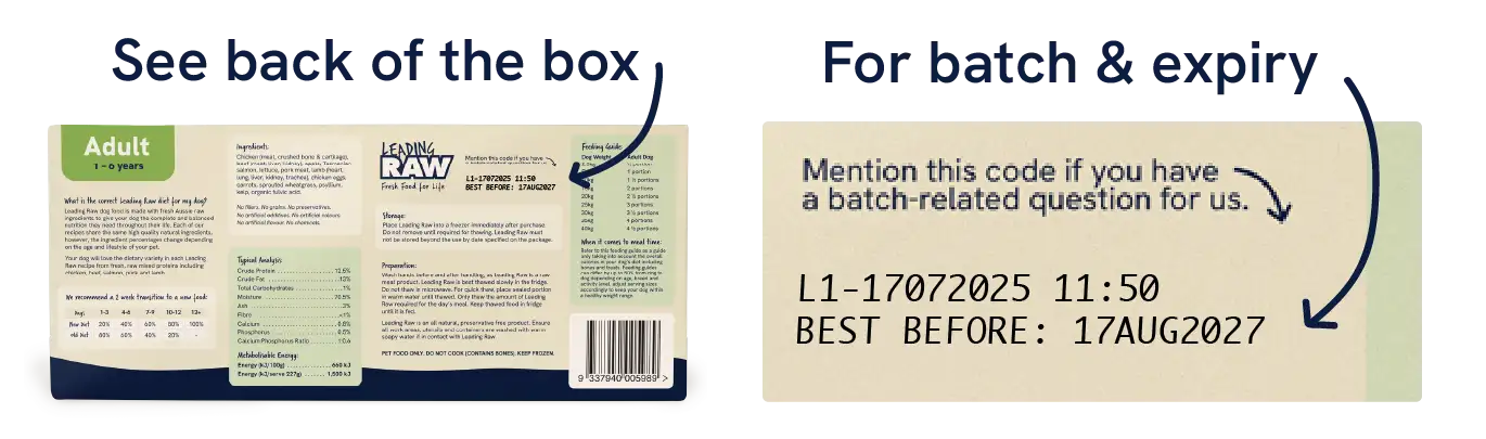 Back of dog food box showing ingredients, feeding guide, batch code L1-17072025, and expiry 17AUG2027.