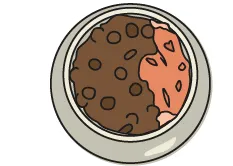 Top view of a cup of a bowl of raw dog food mixed with kibble.