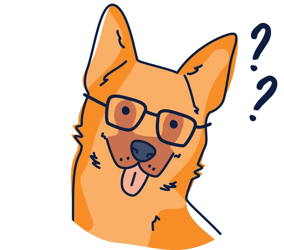 Cartoon dog wearing glasses with tongue out and question marks above its head.
