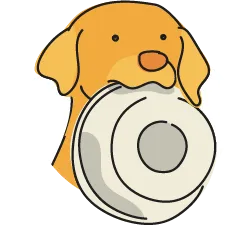 Illustration of yellow dog holding a food bowl in its mouth.