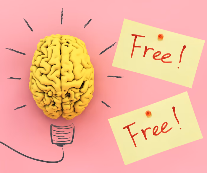 Yellow brain in place of an animated light bulb with the words 'FREE' all on a pink background