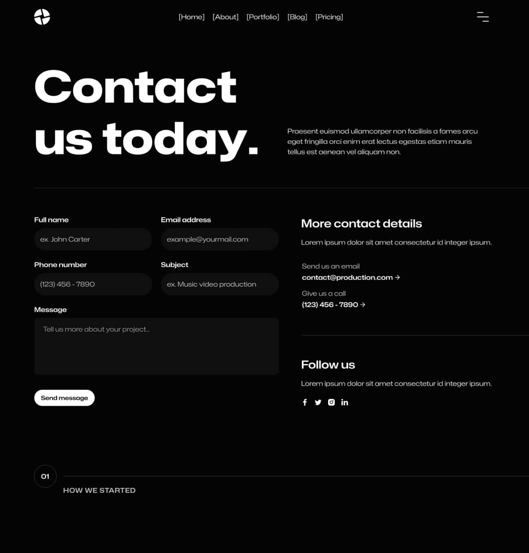 Production X - Contact Page - Video Agency Webflow Template