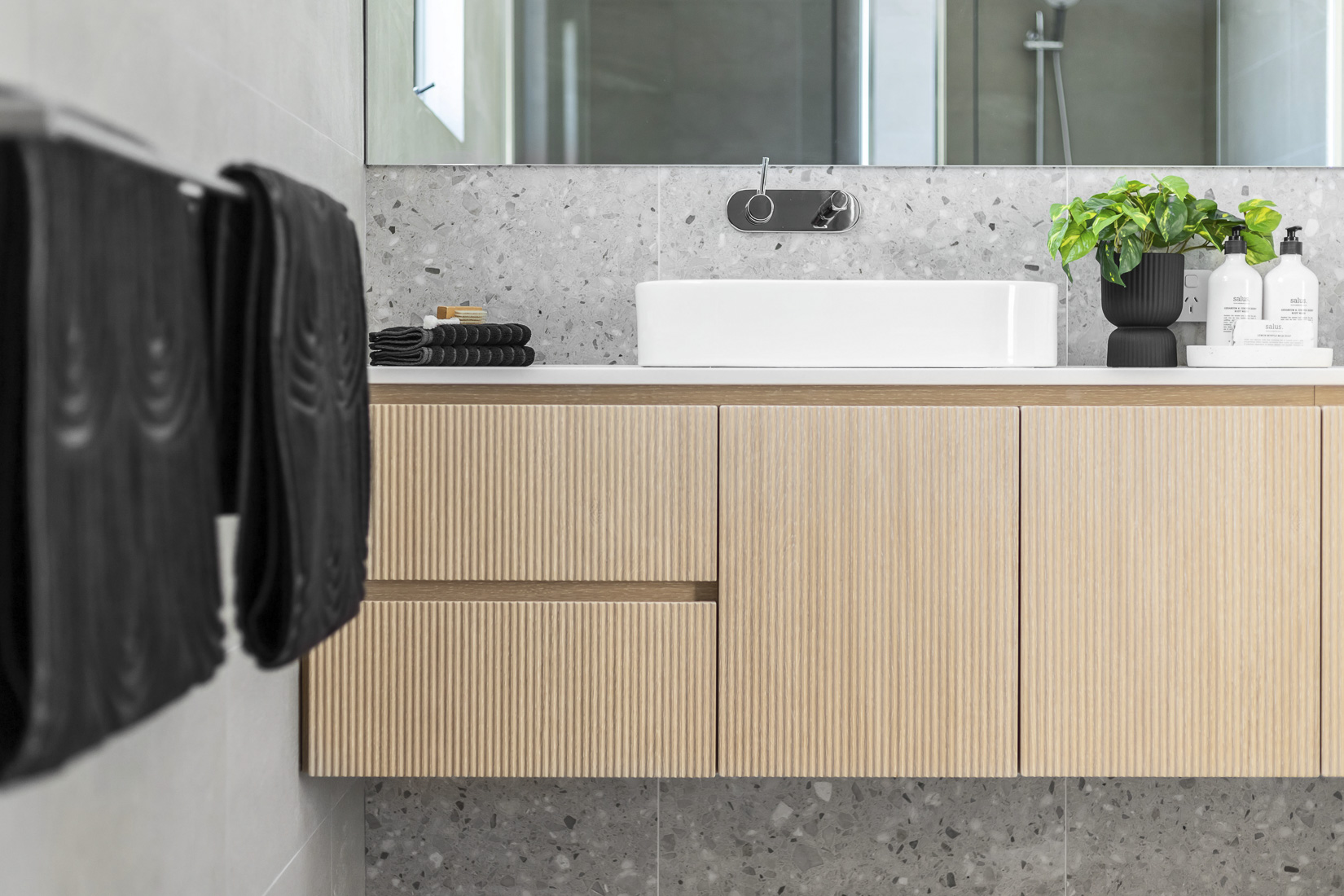 Timber vanity in a renovated bathroom, Perth