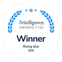 Fintelligence Awards FY25 Winner Rising Star WA badge with laurel and three stars.