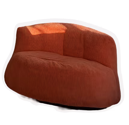 Curved orange corduroy sofa with smooth rounded edges and backrest.
