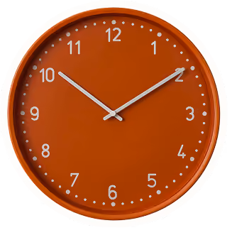 Orange wall clock showing time as 10:10 with white numbers and dots on the face.