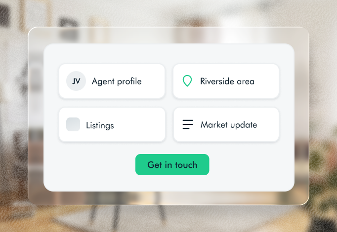 Website sections for an agent profile, neighbourhood area, listings and market update, with a Get in touch button