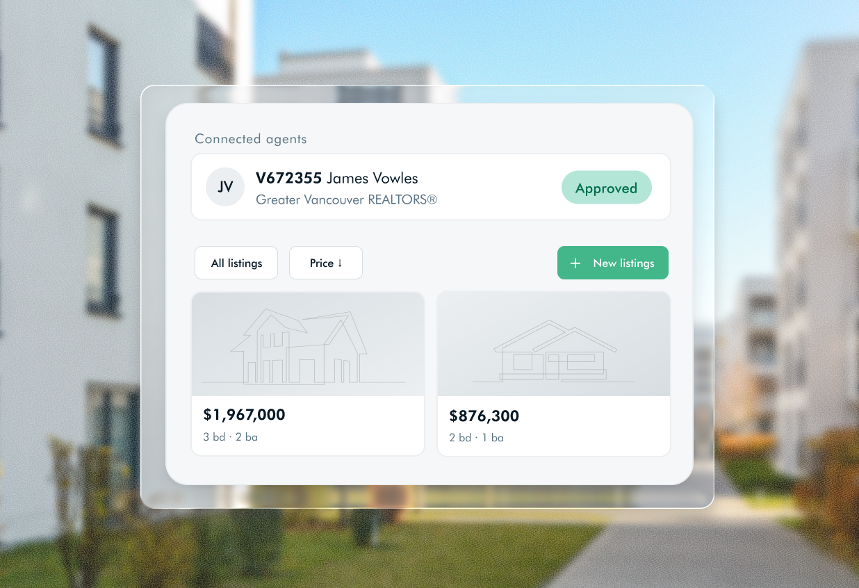 An MLS-connected agent account approved with Greater Vancouver REALTORS, showing synced listings with prices, bedrooms and bathrooms