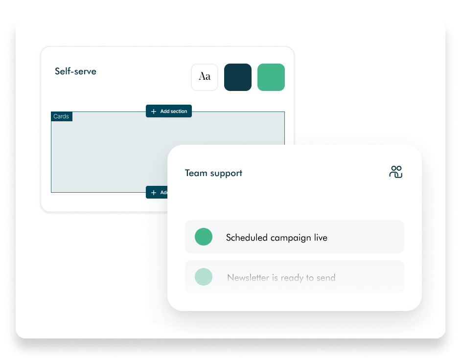 A self-serve page editor beside a team support panel showing a scheduled campaign live and a newsletter ready to send