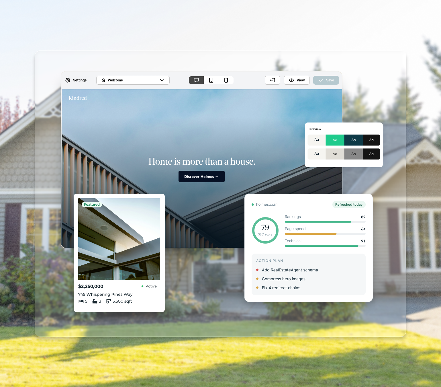 Avenue's website editor showing a real estate agent's homepage alongside a featured listing card and an SEO score panel