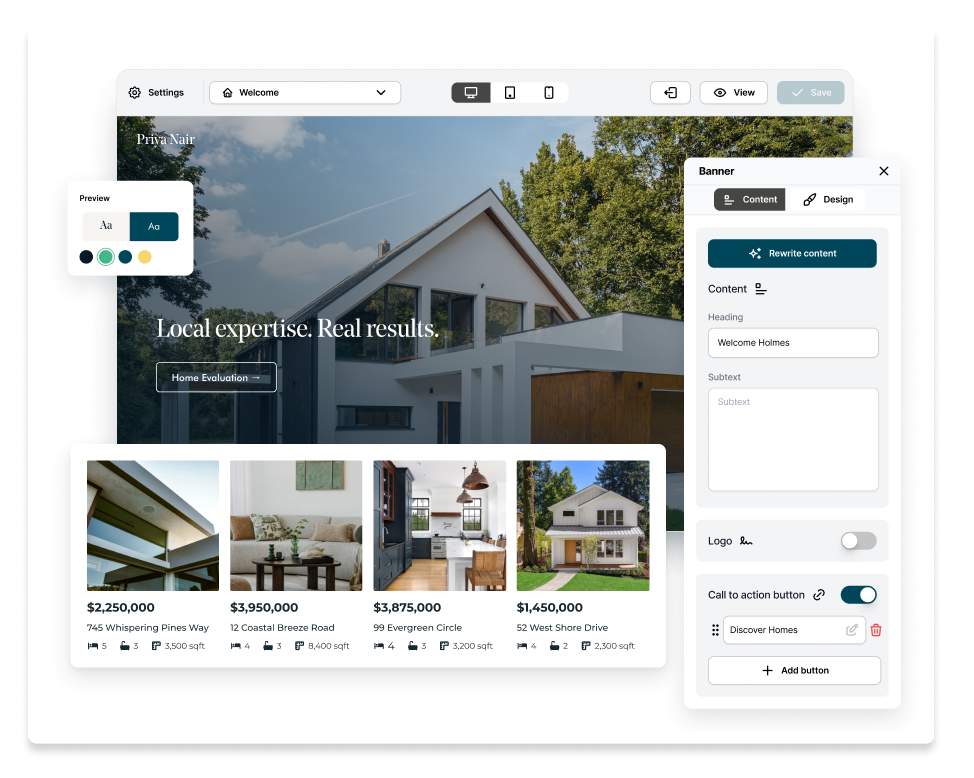 Avenue's website editor showing a real estate homepage with featured listings and a banner content panel