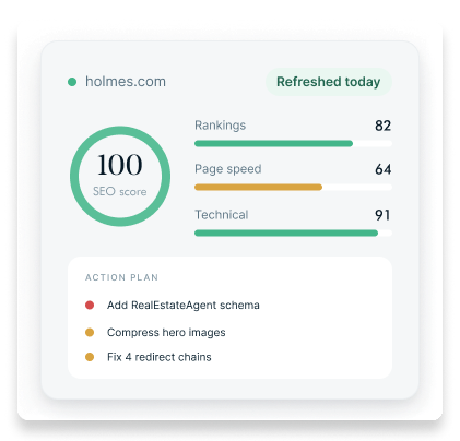 Avenue SEO dashboard showing rankings, page speed and technical scores alongside an action plan