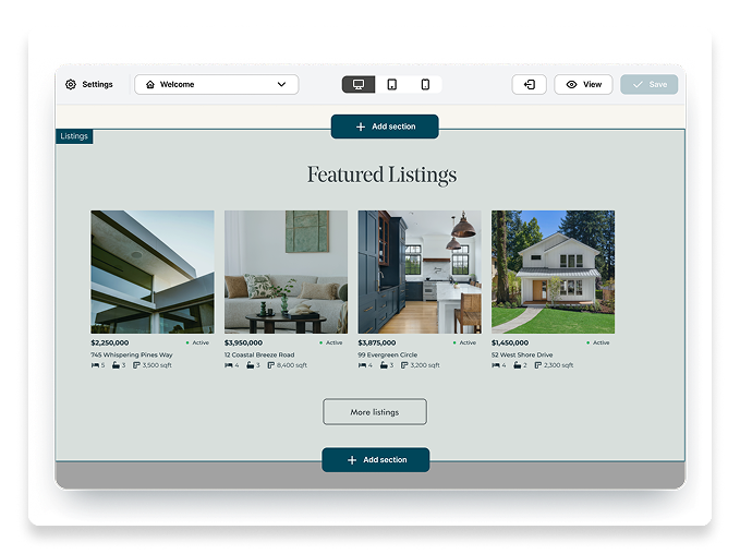 Featured Listings section of an Avenue website being edited, showing four active listings