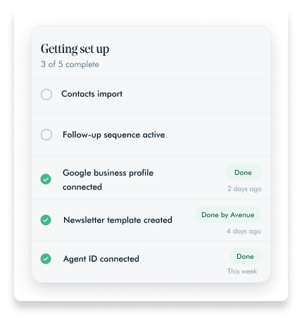 Setup progress checklist showing 3 of 5 tasks complete with checkmarks and status labels.