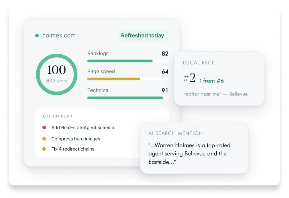 Avenue SEO dashboard showing an overall score, an action plan, a local pack ranking and an AI search mention
