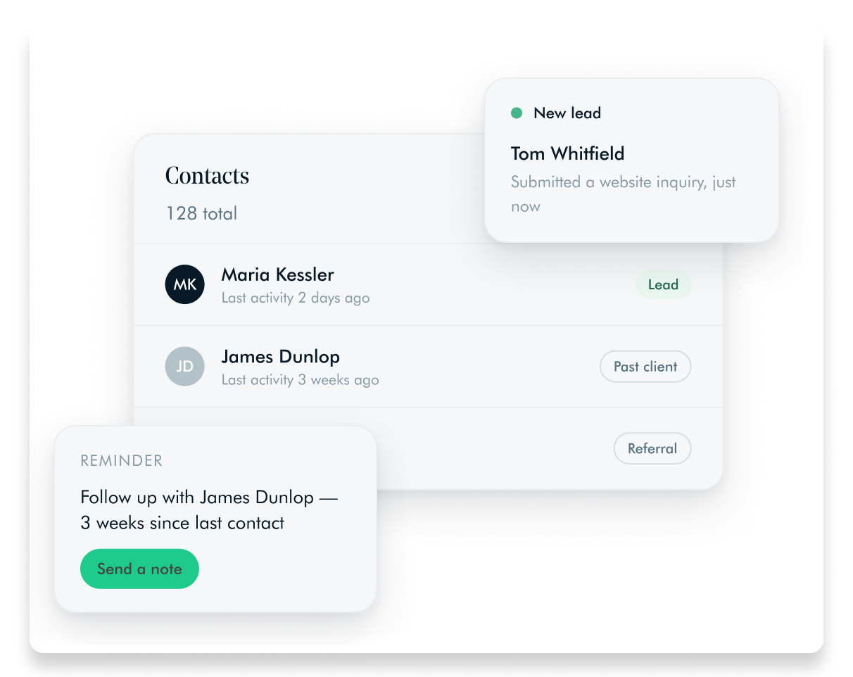 Avenue contact list showing leads and past clients, a new lead notification and a follow-up reminder