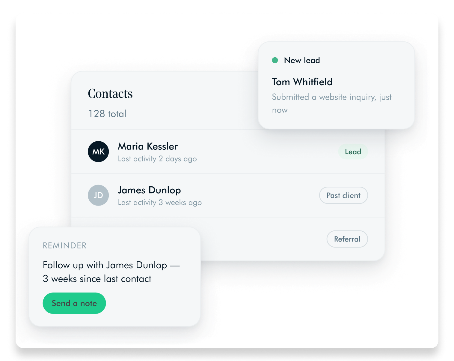 CRM contacts list shows current and new leads, and reminder to follow up.