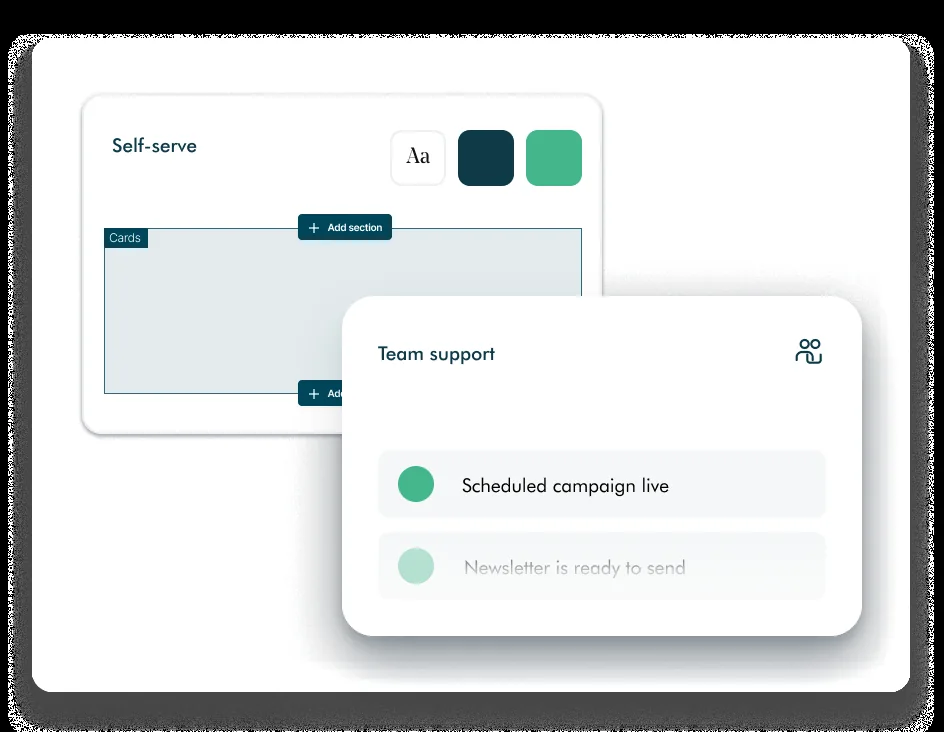 A self-serve page editor beside a team support panel, showing the difference between editing the site yourself and having Avenue's team do it