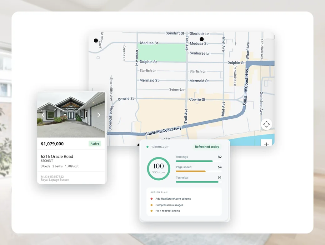 An Avenue agent website showing live MLS map search, an active listing for sale, and a search ranking report