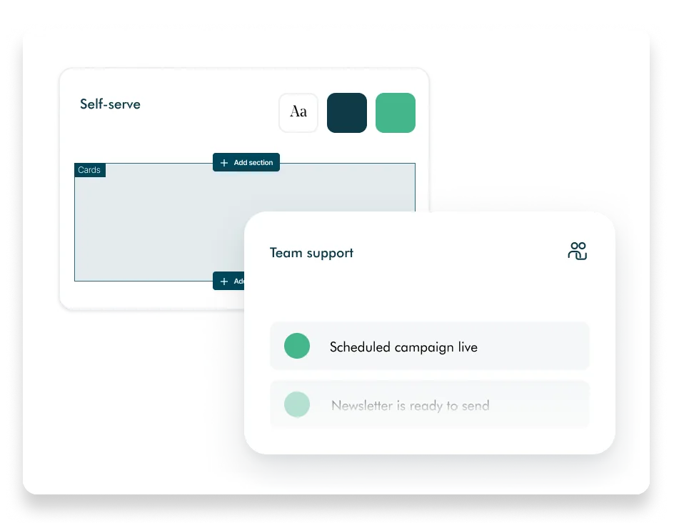 A self-serve page editor beside a team support panel, showing the difference between editing the site yourself and having Avenue's team do it