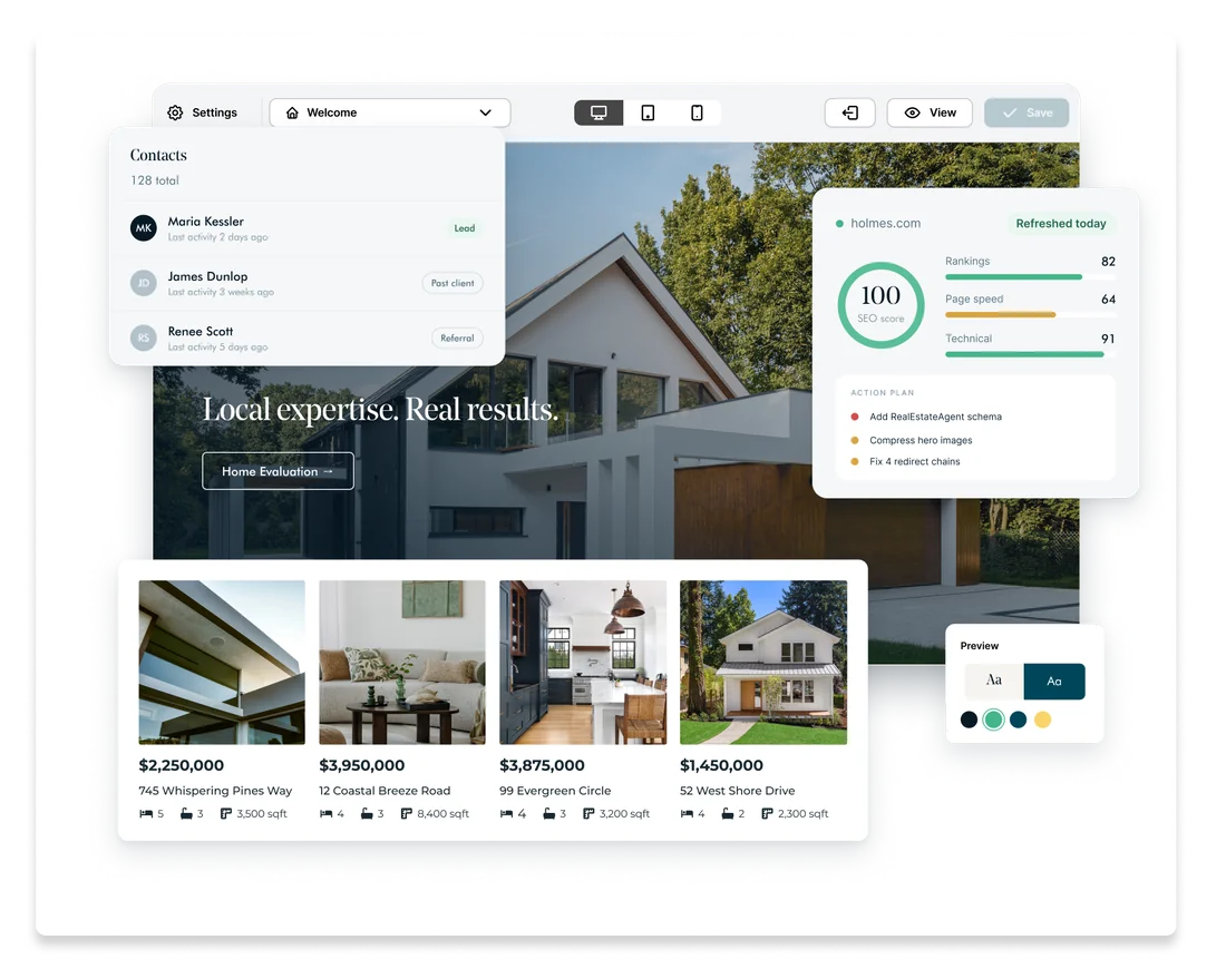 Avenue's website editor showing listing cards, a contact list, an SEO score with an action plan, and brand colour options
