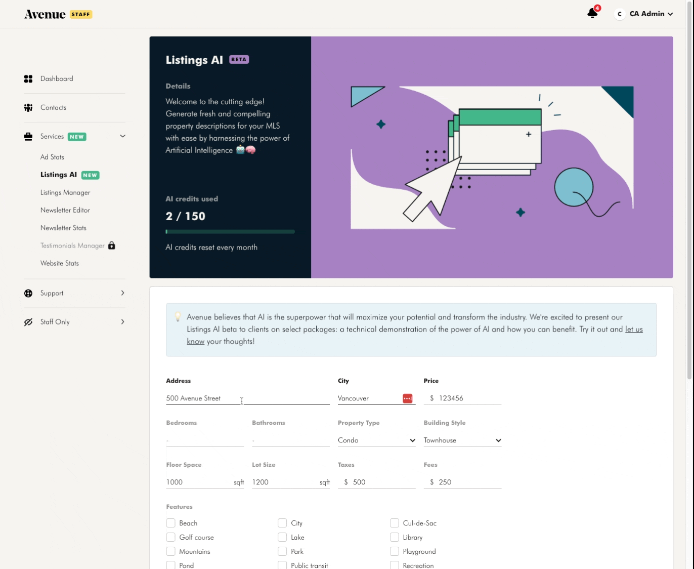 Preview of Avenue's Listings AI tool